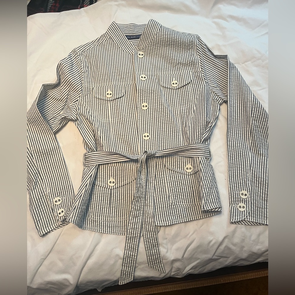Cute belted navy snd white stripe light weight jacket